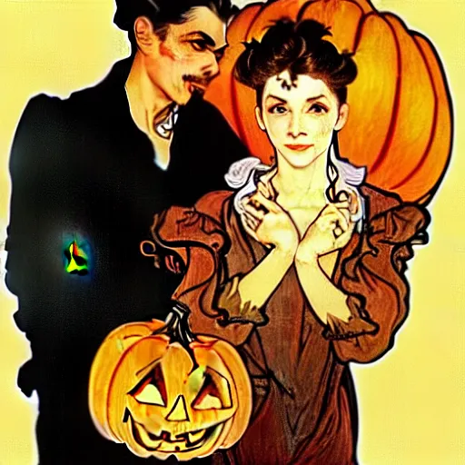 Image similar to painting of handsome young beautiful jeff and gorgeous rina together at the jack o'lantern halloween party, elegant, clear, painting, stylized, art, art by alphonse mucha, vincent van gogh, egon schiele,