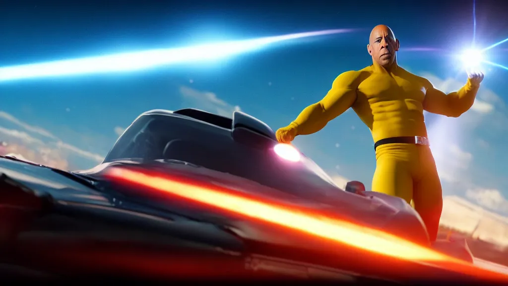 Image similar to extreme wide shot of vin diesel as saitama!!! throwing!!! a car!!!!!!!!!! into space, ultra realistic, lens flare, atmosphere, glow, detailed, intricate, full of colour, cinematic lighting, trending on artstation, 4 k, hyperrealistic, focused, extreme details, unreal engine 5, cinematic, masterpiece