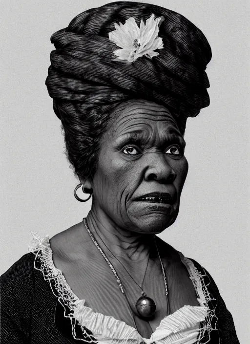 Image similar to a portrait of an old black woman with a crooked nose in victorian clothing, confident pose, intricate, elegant, sharp focus, illustration, highly detailed, concept art, matte, trending on artstation, anime, art by james jean and artgerm and brian despain and alberto mielgo, greg rutkowski, wlop, ilya kuvshinov, strong strokes