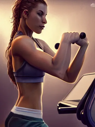 Image similar to a beautiful woman working out at the gym. popular girl. intricate, elegant, highly detailed, digital painting, artstation, cinematic shot, concept art, sharp focus, illustration, by justin gerard and artgerm, 8 k