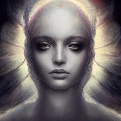 Image similar to head and shoulders portrait of an angelic creature, dark fantasy, mystic, abstract background, feminine beauty, elegant, intricate, face, medium shot, trending on artstation, volumetric light, by Fernanda Suarez and Karol Bak