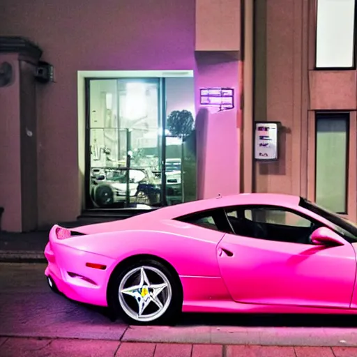 Image similar to a photograph of a pink ferrari parked in a parking spot at night with the lights on