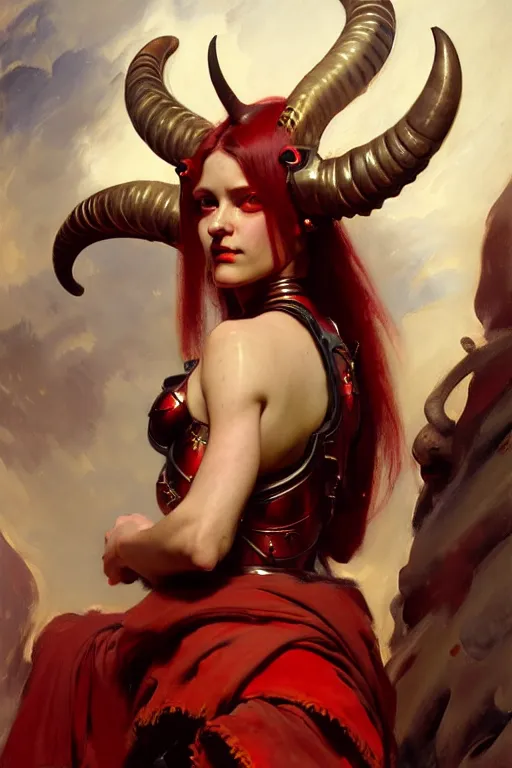 Image similar to painted close - up portrait of a very attractive red - skinned intimidating demon cyborg girl with ram horns! oil painting, wearing a noblewoman's outfit, fantasy art by john singer sargent and gaston bussiere and james jean and greg rutkowski, demon noble character design, hd