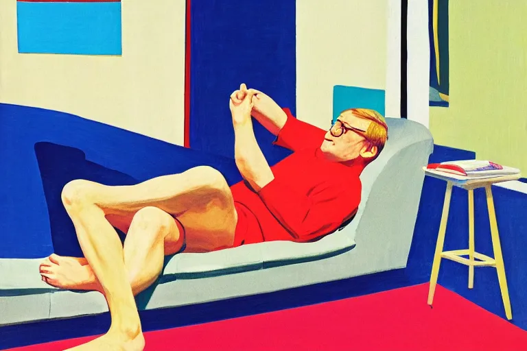 Prompt: Couch Surfing by David Hockney, Andy Shaw, Edward Hopper, 1965, exhibition catalog