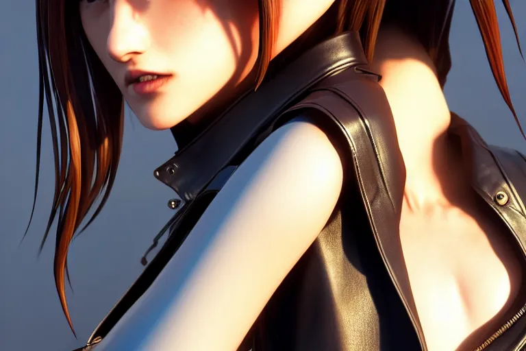 Image similar to extremely beautiful aesthetic girl with leather jacket in the urban city, occlusion shadow, specular reflection, rim light, unreal engine, octane render, artgerm, artstation, art by hiroaki samura and jiro matsumoto and yusuke murata, high quality, intricate detailed 8 k, beautiful shape of face and body, sunny day