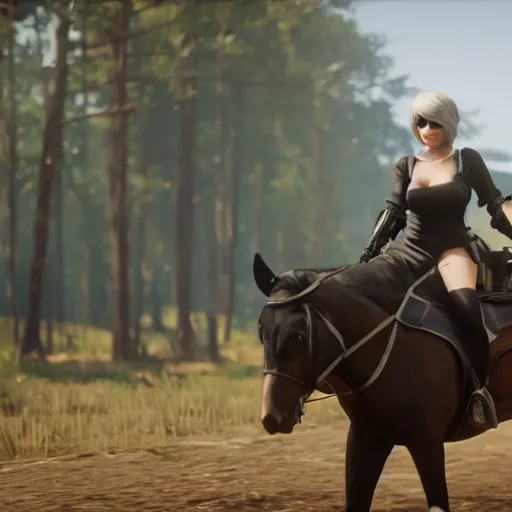 Prompt: Film still of a woman cosplaying as 2B nier automata wearing skintight clothes riding a horse, from Red Dead Redemption 2 (2018 video game), trending on artstation, artstationHD, artstationHQ