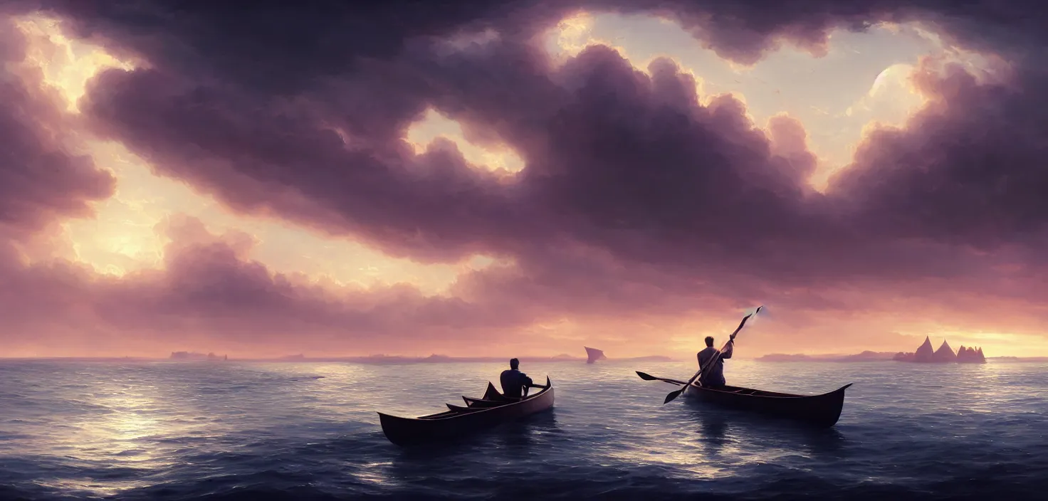 Prompt: young man rowing a boat in the sea looking at the crescent, cinematic view, epic sky, detailed, concept art, low angle, high detail, warm lighting, volumetric, godrays, vivid, beautiful, trending on artstation, by jordan grimmer, huge scene, grass, art greg rutkowski