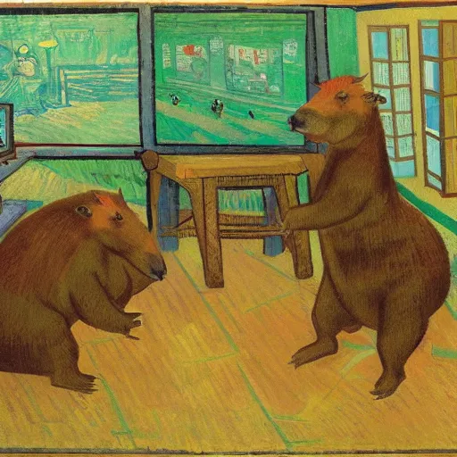 Image similar to two capybaras playing videogames by van gogh