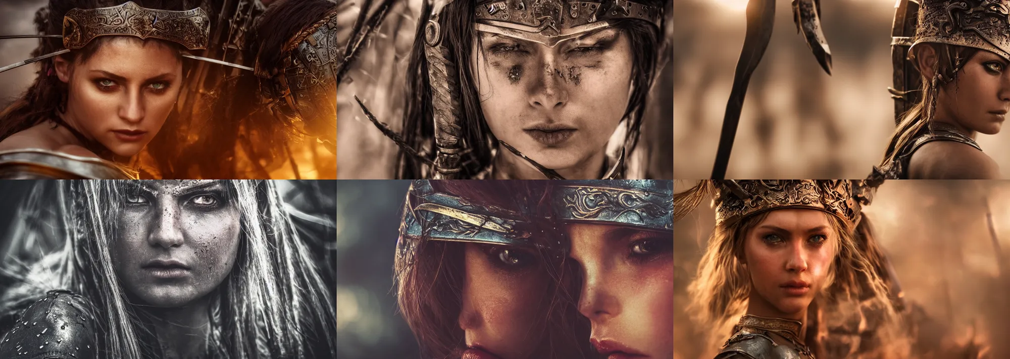 Image similar to close-up photo of a beautiful warrior princess in a battle scene, shallow depth of field, photorealistic, cinematic lighting, warm colours, dusk