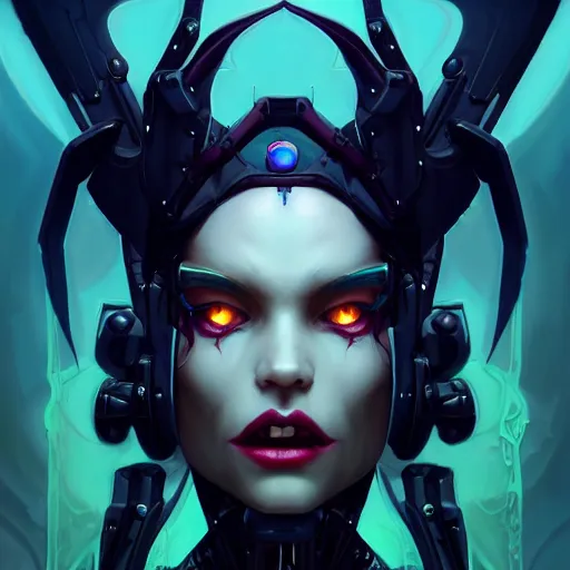 Image similar to a portrait of a beautiful demonic cybernetic queen of vampires, cyberpunk concept art by pete mohrbacher and wlop and artgerm and josan gonzales, digital art, highly detailed, intricate, sci-fi, sharp focus, Trending on Artstation HQ, deviantart, unreal engine 5, 4K UHD image