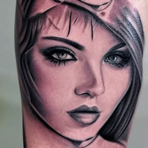 Image similar to tattoo design of a beautiful girl face, hyper detailed, in the design of eliot kohek