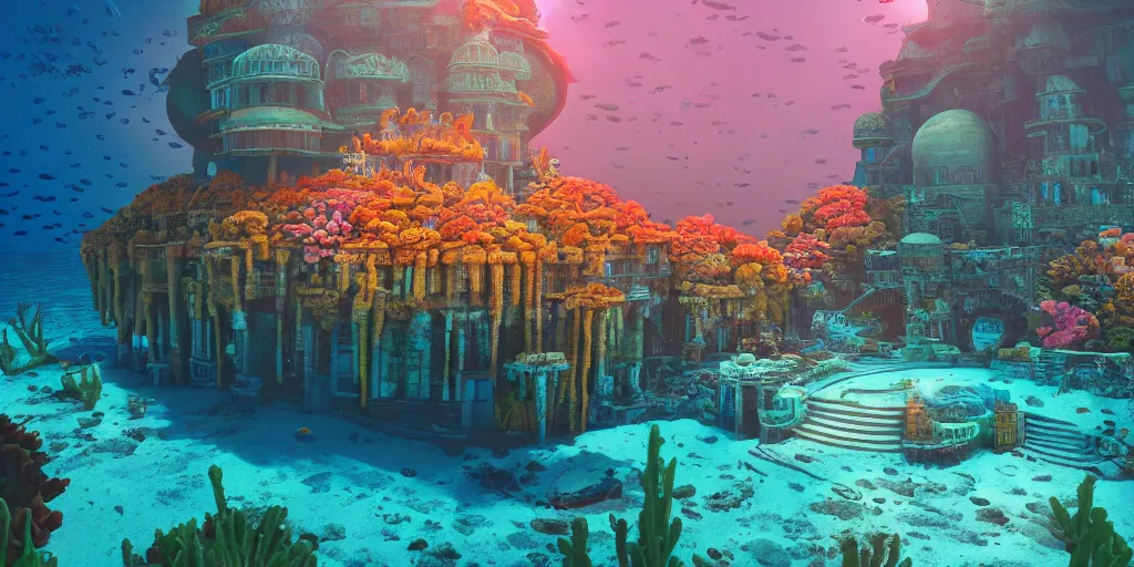 Prompt: a beautiful first person perspective digital illustration of a domed underwater palace near a vibrant coral reef by beeple | Byzantine architecture | tropical fish | cinematic | unreal engine | octane | photorealistic |