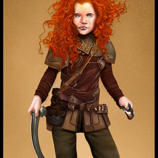 Prompt: spirited redheaded halfling young woman with freckles like brass scales, wavy shoulder-length hair, gold eyes, headshot, dungeons and dragons, digital art