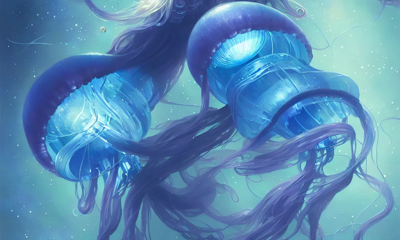 Prompt: detailed jellyfish in space, blue tones, underwater, full frame, highly detailed, digital painting, artstation, concept art, smooth, sharp focus, illustration, art greg rutkowski and alphonse mucha