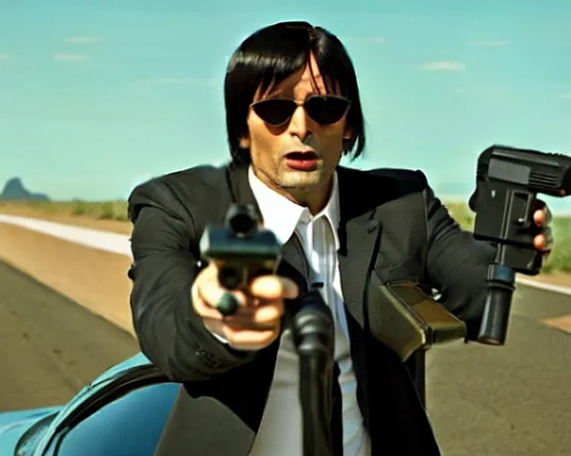 Image similar to Mads Mikkelsen as Vincent Vega in Pulp Fiction car scene movie