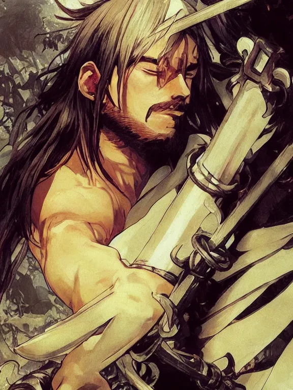 Prompt: close up picture of a saint sword man being tired at war. looking at the camera, cynical, bored, beautiful and aesthetic, intricate, unreal engine, messy hair, highly detailed, detailed face, smooth, sharp focus, chiaroscuro, manga illustration, artgerm, greg rutkowski, alphonse mucha, young adult light novel cover art