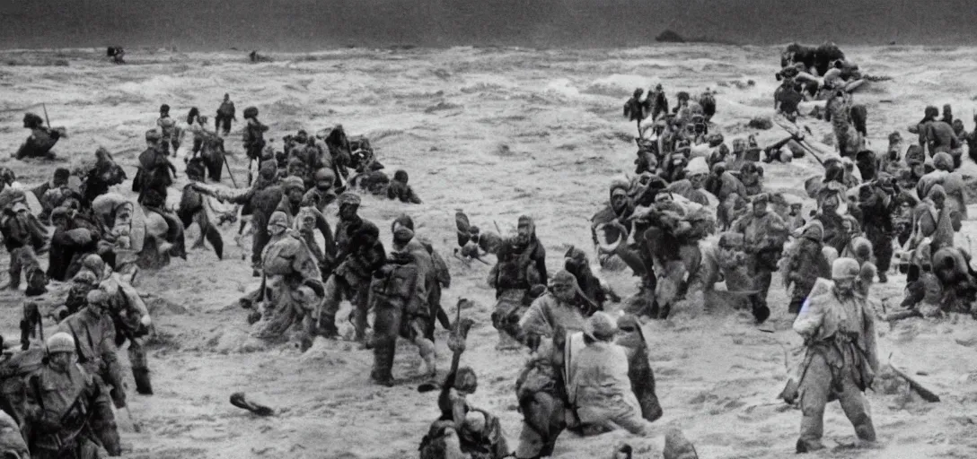 Image similar to the pope storming omaha beach during ww ii