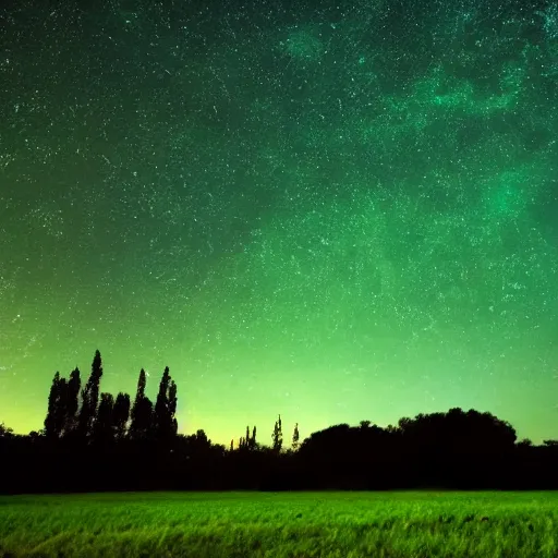 Image similar to An emerald green meadow filled with ancient structures with a cosmic sky full of stars and swirling lights