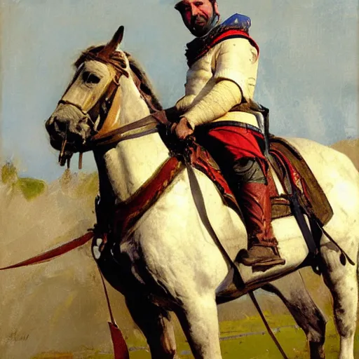 Image similar to portrait of man wearing chinmail and gambeson holding jousting lance, horse is wearing caparisons, by greg manchess, bernie fuchs, ruan jia