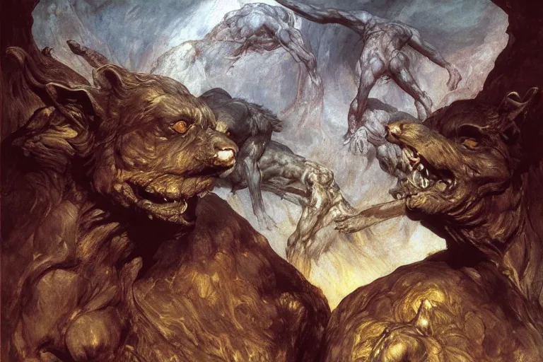 Prompt: hyperdetailed matte art of cerberus by william blake, ilya repin, amano, rene magritte, craig mullins, three headed dog, details