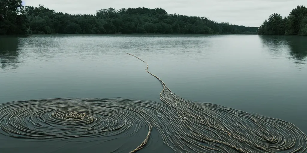 Image similar to centered photograph of a infinitely long rope zig zagging snaking across the surface of the water into the distance, floating submerged rope stretching out towards the center of the lake, a dark lake on a cloudy day, color film, trees in the background, hyper - detailed photo, anamorphic lens