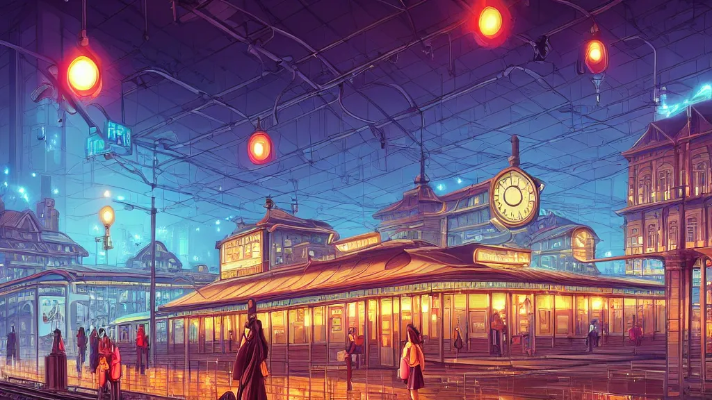 Prompt: the central train station on the outskirts of the city at night by cyril rolando and naomi okubo and dan mumford. advertisements. neon.