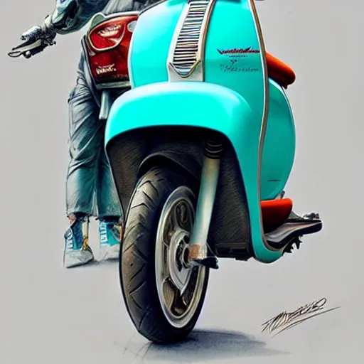 Image similar to a turquoise vespa moped, realistic, concept art, intricate details, detailed, photorealistic, pencil and watercolor, art by artgerm and greg rutkowski