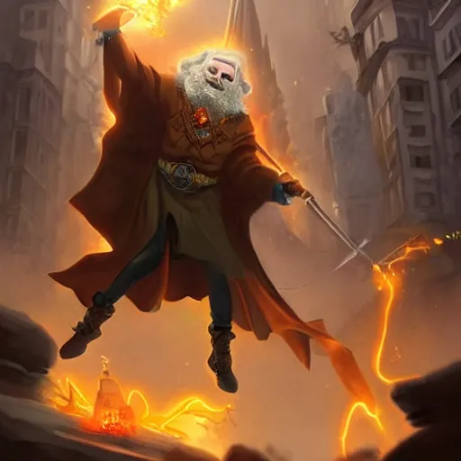 Prompt: a wizard that looks like an average person destroying a city with magic while laughing, high quality digital art trending on artstation