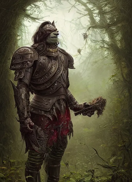 Prompt: a portrait painting of a grim male orc wearing plate armor on a beautiful lush forest meadow, morning, art by Tristan Eaton, Stanley Artgerm, Tom Bagshaw, Greg Rutkowski, Carne Griffiths