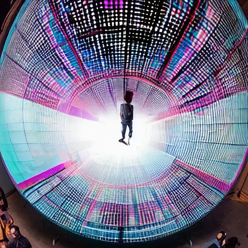 Prompt: a large scale immersive public art installation. big mirror floor reflect single big suspended sphere with projected space nebula visuals on it inside giant and dark printworks venue