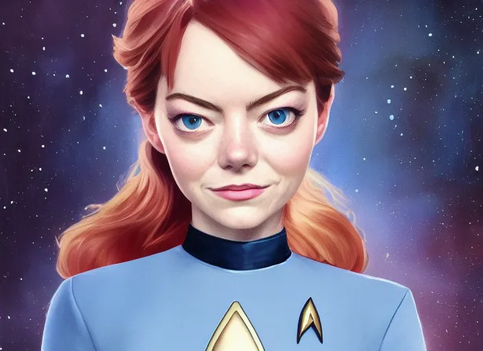 Image similar to a disney film still of emma stone as a star trek officer, finely detailed features, closeup of the face, perfect art, dusk, blue hour, gapmoe yandere grimdark, trending on pixiv fanbox, painted by greg rutkowski, makoto shinkai, takashi takeuchi, alphonse mucha, akihiko yoshida