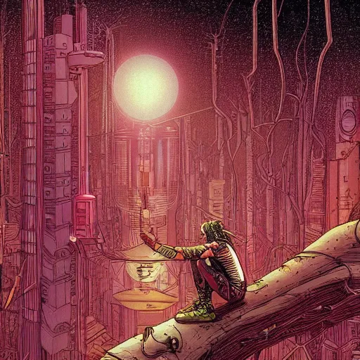 Image similar to Stunningly intricate illustration of single cyberpunk explorer overlooking lush forest, highly detailed, midnight, small glowing orbs by Moebius,