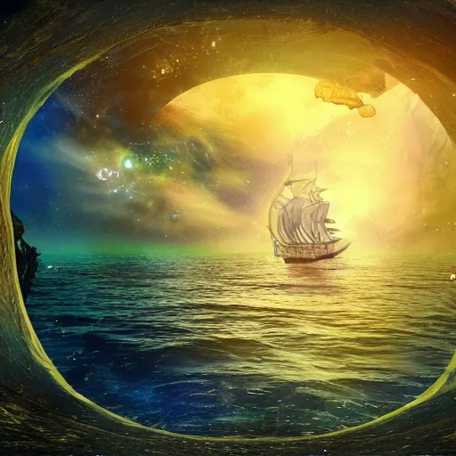 Image similar to fantasy world inside a ship sailing amongst the star