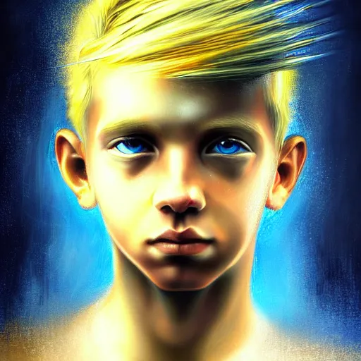 Prompt: powerful eyes glowing highly detailed painting of deep sadness alone, young blonde boy spiritual portrait, fractal electricity surrounding him, expressive emotional sadness piece, trending on art station, abstract emotional sadness expression, very very very beautiful, fantasy digital art, visionary art, magical fantasy 2 d concept art