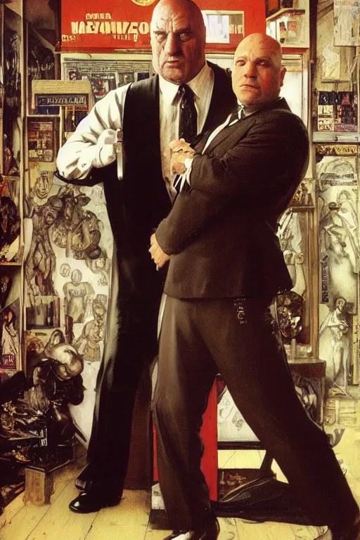 Image similar to full length portrait of morgan aste as a huge gangster wearing a white suit and spats standing beside much smaller robert deniro wearing shirt and pants, cafe in background, by lawrence alma tadema and zdzislaw beksinski and norman rockwell and jack kirby and tom lovell and greg staples