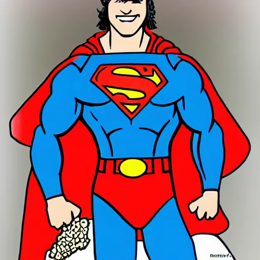 Prompt: a drawing of ricardo arjona dressed as superman eating an ice cream