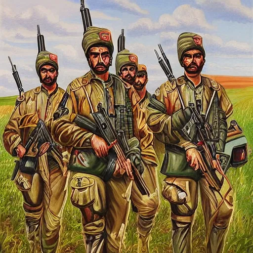 Prompt: a beautiful complex painting of a military of the kurdish army