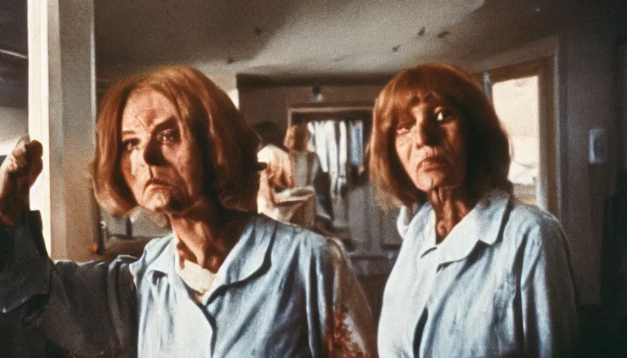Prompt: 7 0 s film still from a horror movie about elderly and young people, kodachrome, cinecolor, cinestill, film grain, film texture, retro, cinematic, high resolution, photorealism,