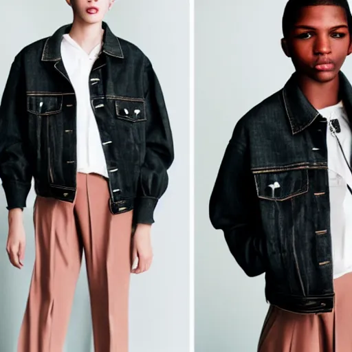 Image similar to realistic photo for a new sacai emil lookbook color film photography portrait of a beautiful woman model, model wears a black paneled denim jacket, photo in style of tyler mitchell