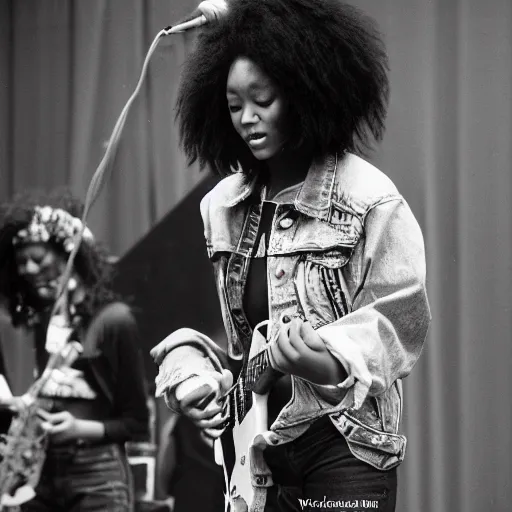 Prompt: 19-year-old black girl, African American girl, with long shaggy black hair, afro hair, wearing denim jacket and bell-bottom jeans, playing electric guitar, stoner metal concert, heavy blues rock, punk rock, noise rock, concert lighting, VHS quality, 1993 photograph