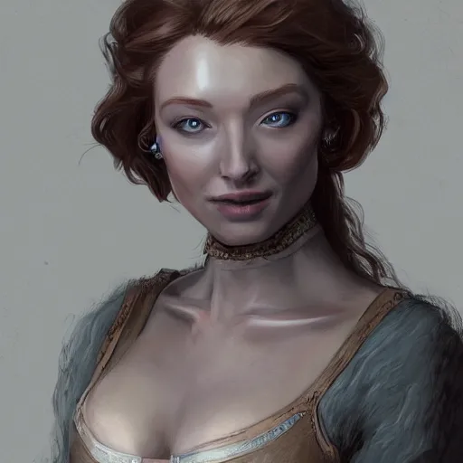 Prompt: eleanor tomlinson posing peasantry clothing, wistful bosom, highly detailed, digital painting, artstation, concept art, smooth, sharp focus, illustration