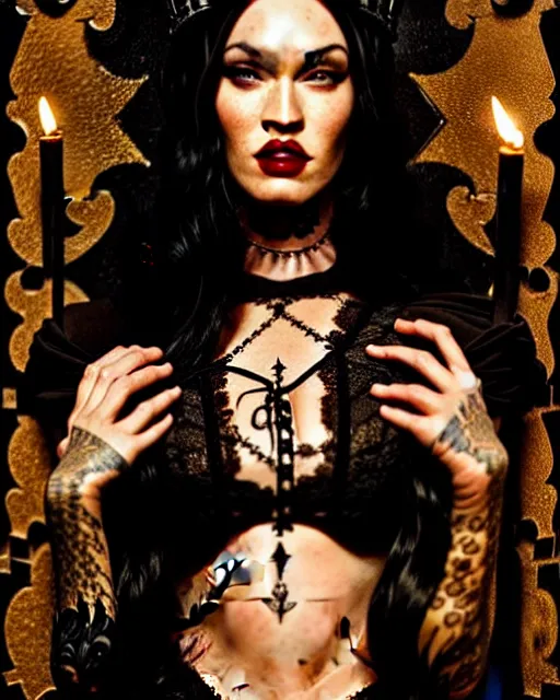 Prompt: megan fox witch queen, black eyes, blood, full body, intricate victorian dress, digital art, middle shot, cinematic lighting, studio quality, symmetrical eyes, artgerm, joshua middleton, rafael albuquerque, moody lighting, candles, art style by klimt, nixeu and ian sprigger and wlop and krenz cushart