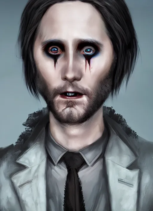 Image similar to A fantasy comic book style portrait painting of Jared Leto as a vampire race in a atmospheric dark fortress, unreal 5, DAZ, hyperrealistic, octane render, RPG portrait, ambient light, dynamic lighting