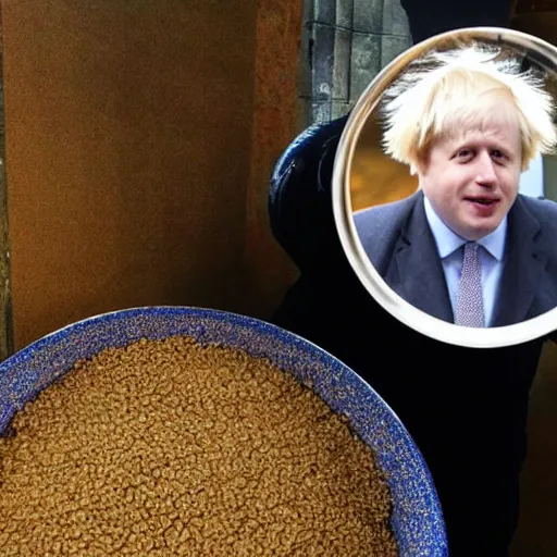 Image similar to boris johnson baked into a bowl of beans