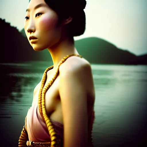 Prompt: photographic portrait of a stunningly beautiful yunnan renaissance female in soft dreamy light at sunset, beside the river, soft focus, contemporary fashion shoot, hasselblad nikon, in a denis villeneuve and tim burton movie, by edward robert hughes, annie leibovitz and steve mccurry, david lazar, jimmy nelsson, extremely detailed, breathtaking, hyperrealistic, perfect face
