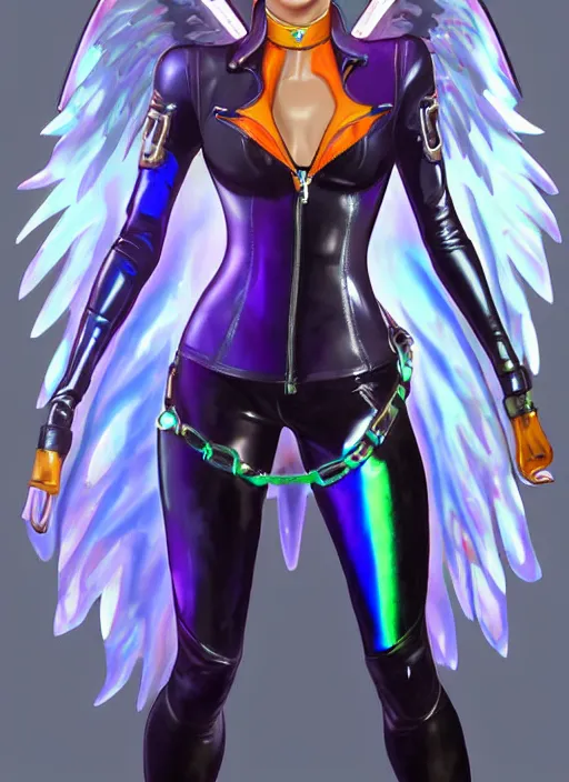 Image similar to portrait bust digital artwork of tracer overwatch, wearing iridescent rainbow latex and leather straps catsuit outfit, in style of mark arian, angel wings, wearing detailed leather collar, chains, black leather harness, detailed face and eyes,