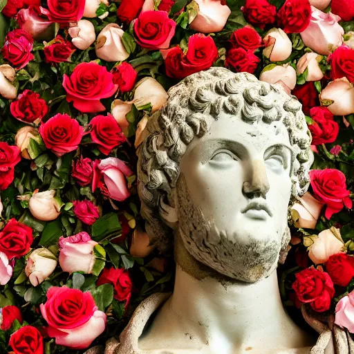 Prompt: a portrait of a greek statue covered in roses