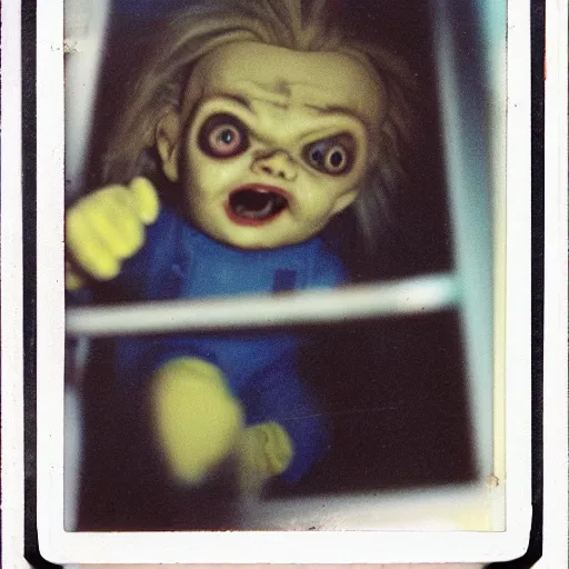 Image similar to screaming chucky doll at bottom of dark ocean expired film polaroid