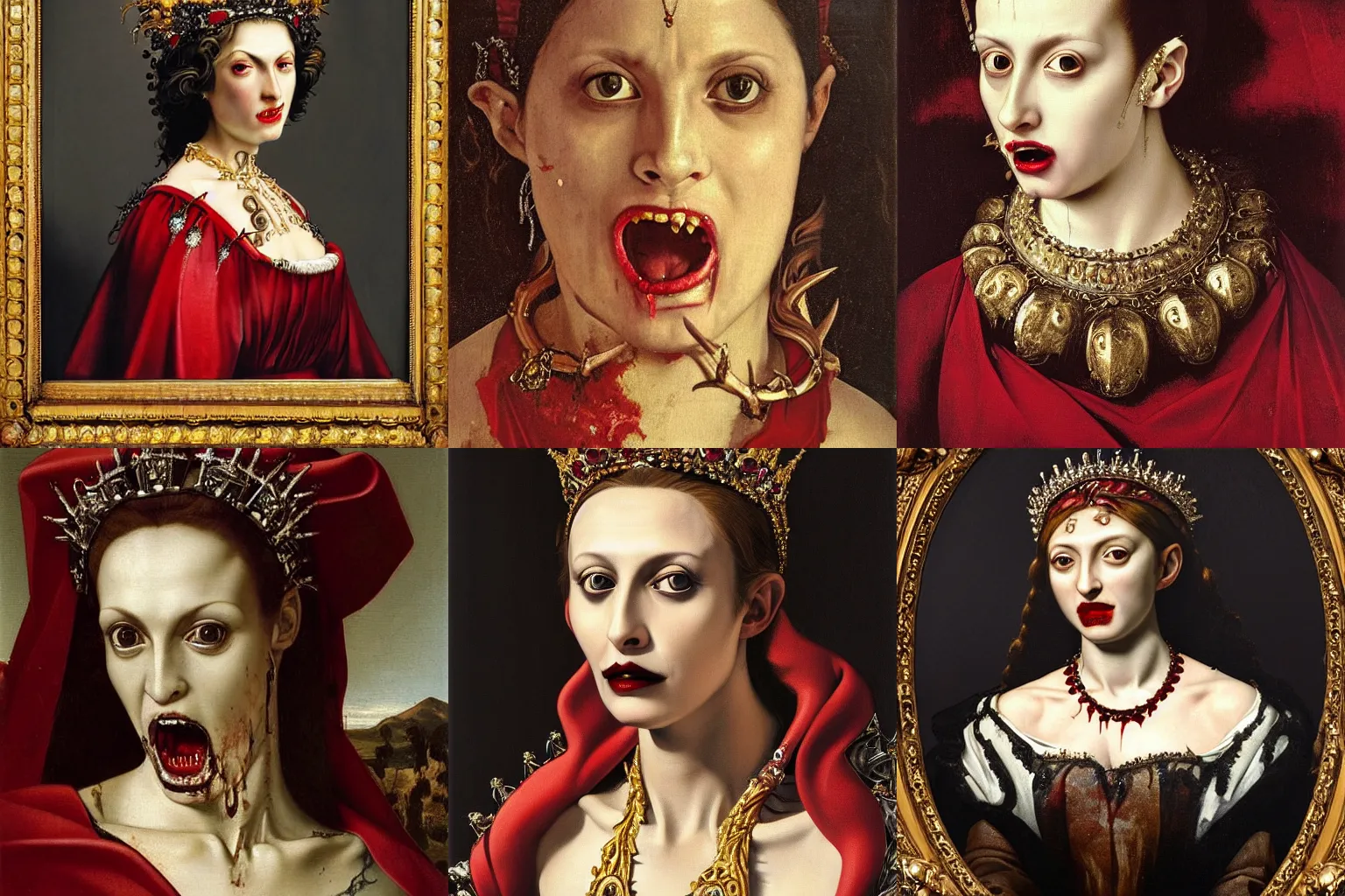 Image similar to A extremely highly detailed majestic hi-res beautiful immaculate head and shoulders painting of a angry, bloody vampire woman with fangs, filled with hatred and rage, crying tears of red blood wearing a long royal red silk dress, the crown jewels is on her head and around her neck is a ornate golden necklace decorated with diamonds and rupees smiling by Michelangelo Merisi da Caravaggio, high detail, hyperrealistic, photorealistic, octante render, cinematic, high textures, royaltly, royal, hyper sharp, 4k insanely detailed and intricate, hypermaximalist, 8k, hyper realistic, super detailed, 4k HDR hyper realistic high,