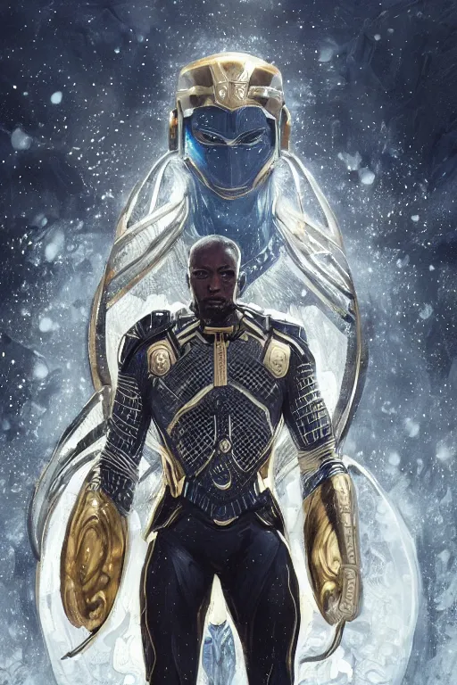 Image similar to ultra realistic illustration, wakandan warrior in white and gold suit standing in a heroic pose in the snowy mountain, hacknaut cyberpunk, sci - fi, fantasy, intricate, elegant, highly detailed, digital painting, artstation, concept art, smooth, sharp focus, illustration, art by artgerm and greg rutkowski and alphonse mucha